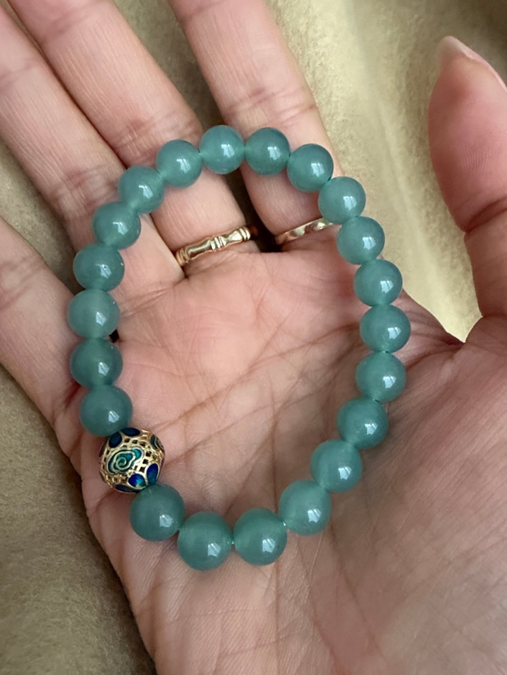 Emerald Aventurine Beaded Stretch Bracelet with Cloisonné Accent
